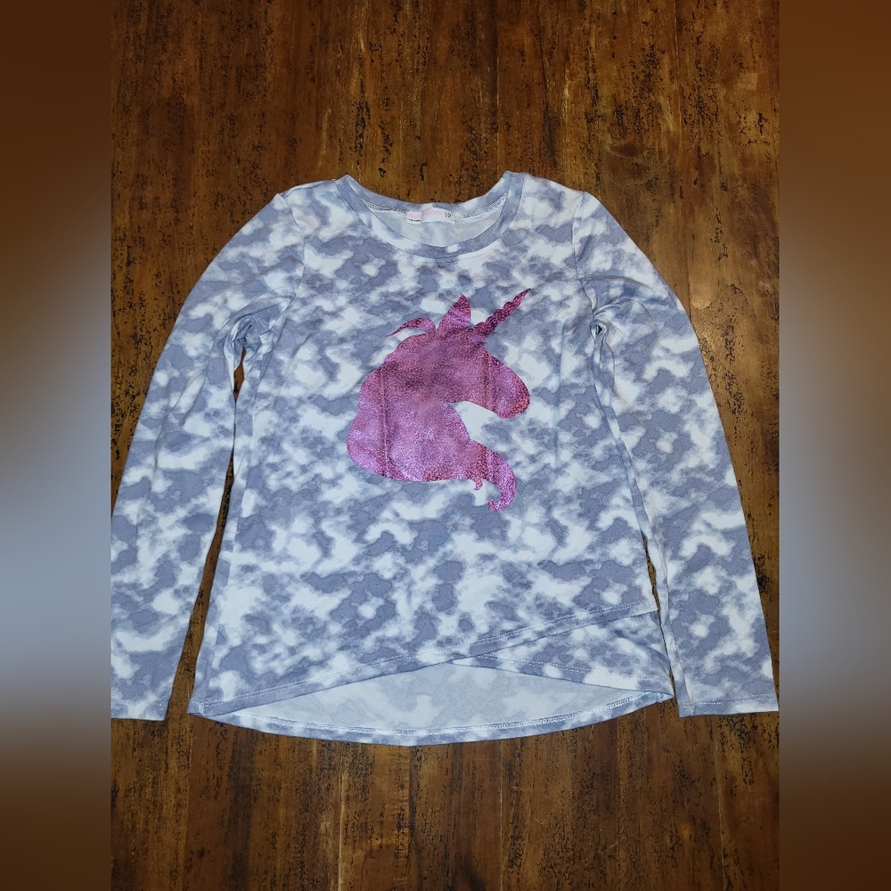 Girl's Young Hearts long sleeve shirt size 10 Unicorn glittery Pink gray tie dye